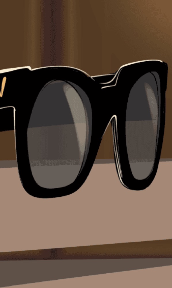 A dramatic, tight crop focuses on the thick black frame and dark lens of a single pair of sunglasses
