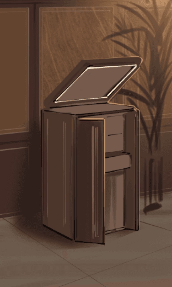 A final storyboard frame shows the cabinet from a slight angle, highlighting the pop-up mirror and open drawers