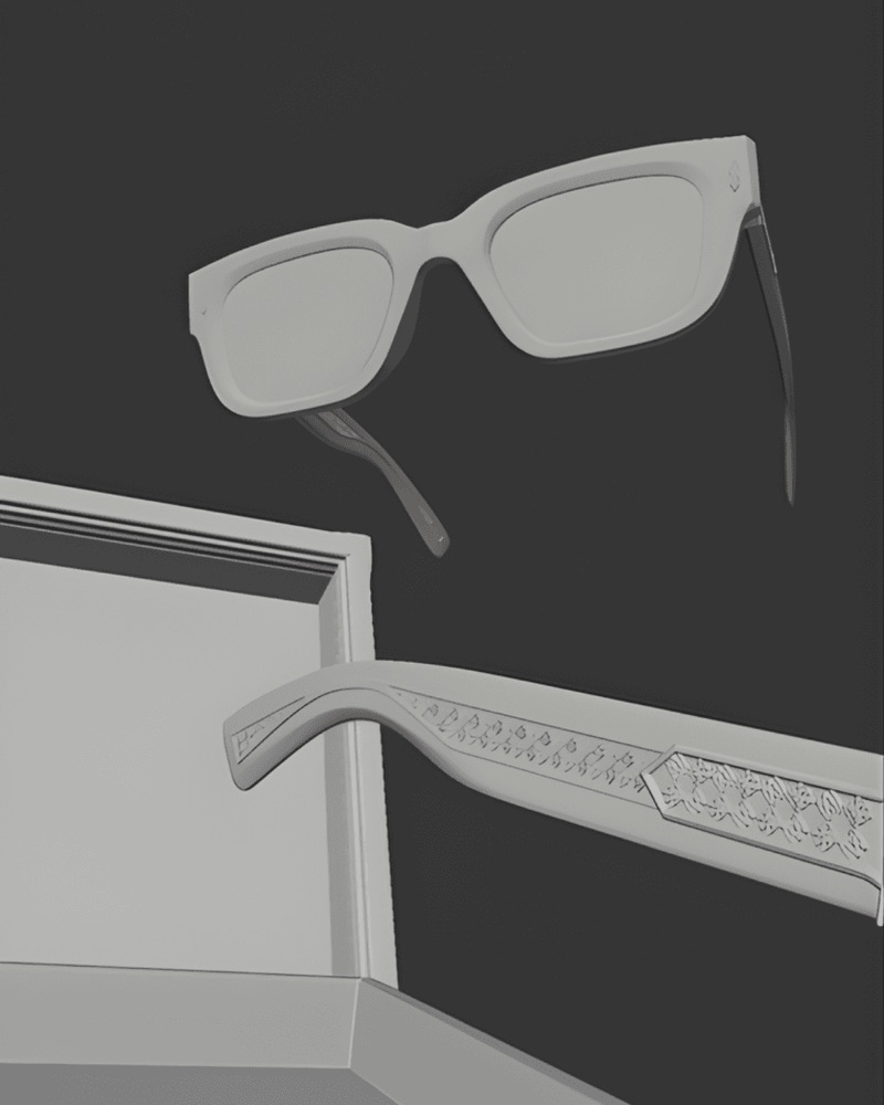 A close-up 3D wireframe captures the sleek design and textures of the eyewear frames