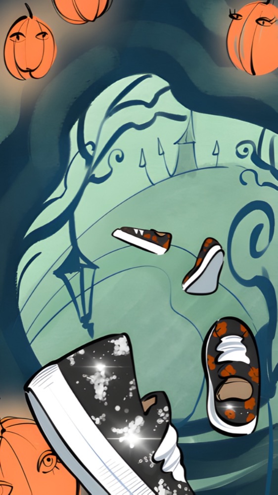 Stylized, purple-toned comic panels show platform sneakers floating through a spooky room