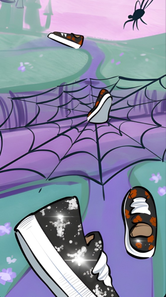Stylized, purple-toned comic panels show platform sneakers floating through a spooky room