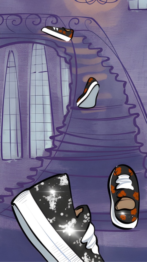 Stylized, purple-toned comic panels show platform sneakers floating through a spooky room