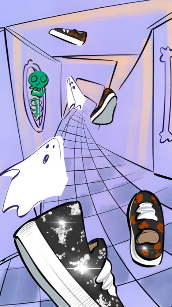 Stylized, purple-toned comic panels show platform sneakers floating through a spooky room