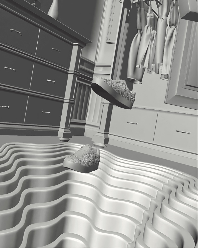 A black-and-white 3D render of platform shoes floating above a wavy floor in a bedroom