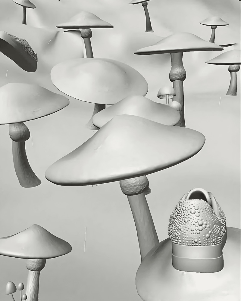 A 3D environment shows a platform shoe resting on a field of large, flat-capped mushrooms
