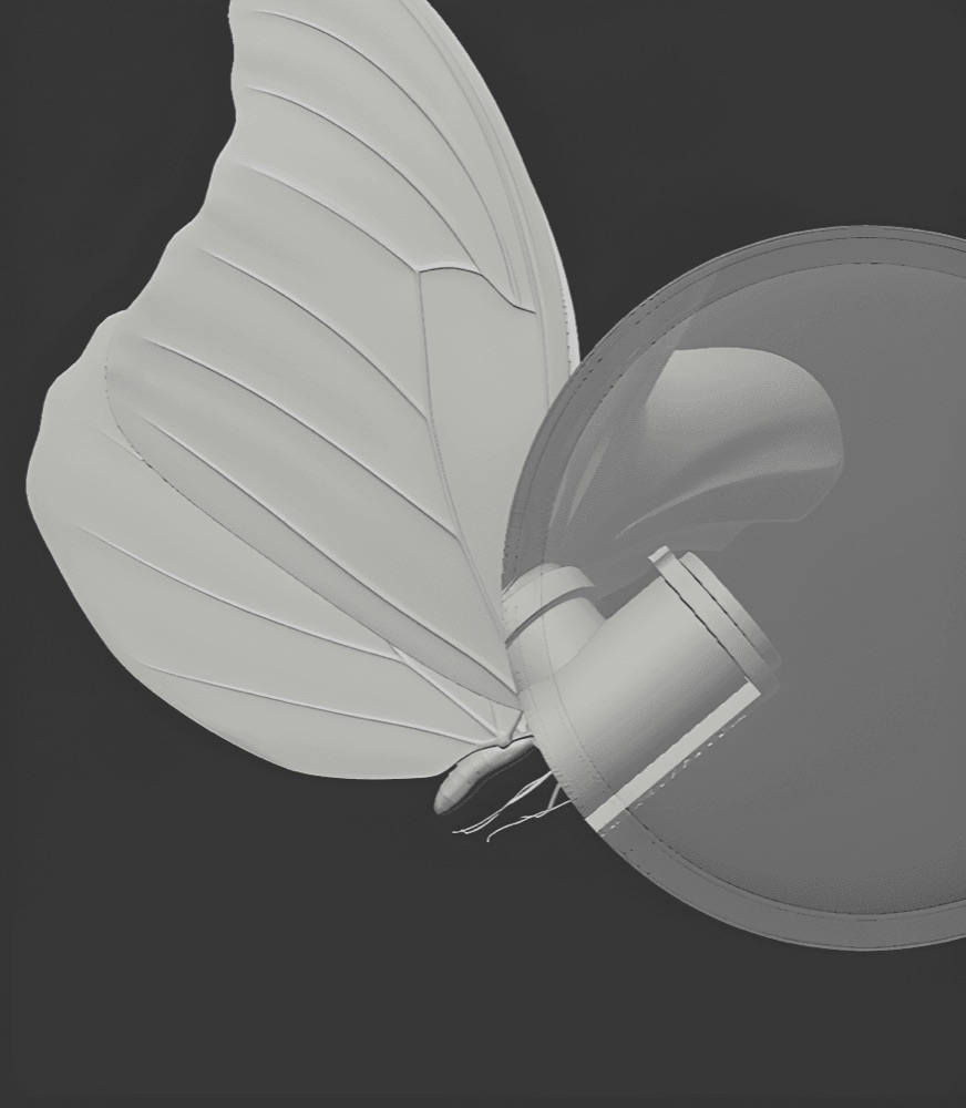 Gray-scale 3D models of a butterfly and a branded product container