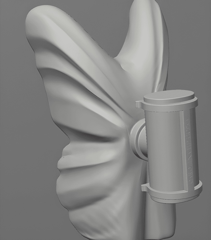 Gray-scale 3D models of a butterfly and a branded product container
