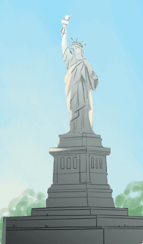 Comic panel illustrate the transition of the Statue of Liberty