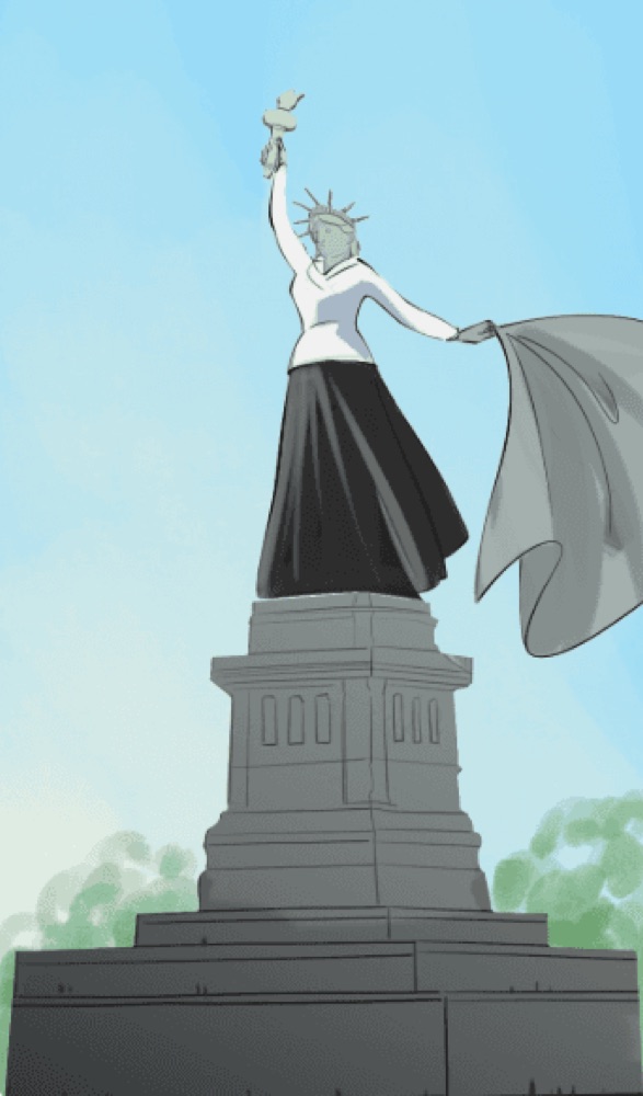 Comic panel illustrate the transition of the Statue of Liberty being dressed in a Dior-style outfit