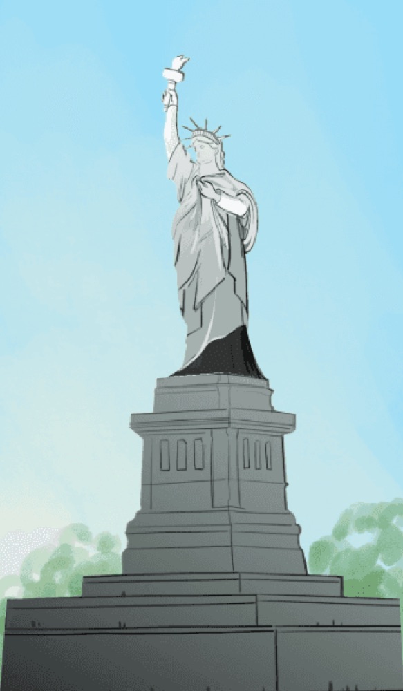 Comic panel illustrate the transition of the Statue of Liberty being dressed in a Dior-style outfit