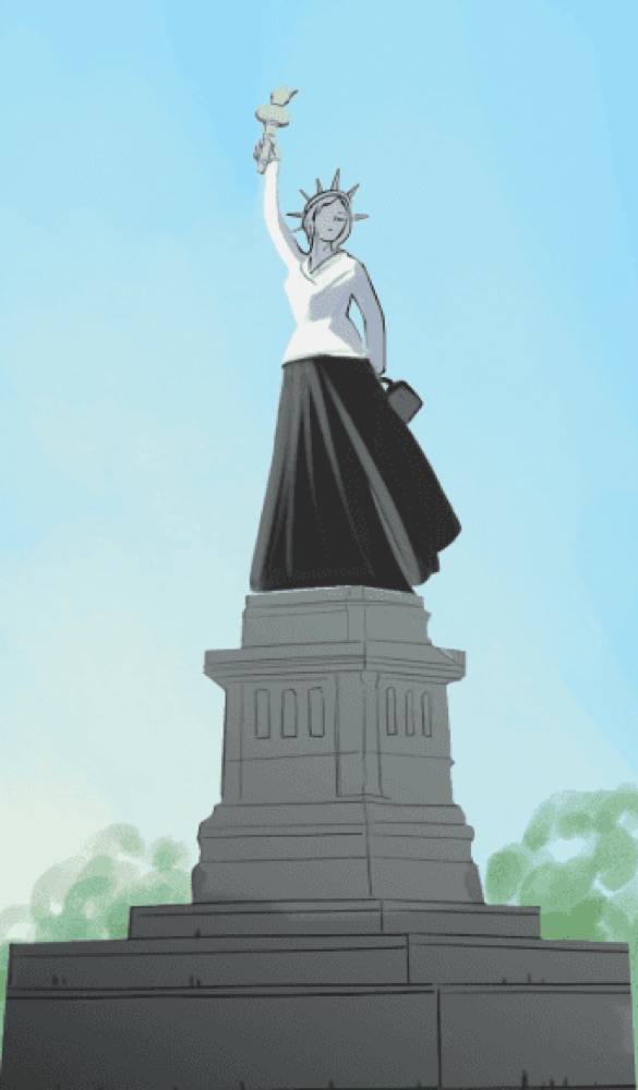 Comic panel illustrate the transition of the Statue of Liberty being dressed in a Dior-style outfit