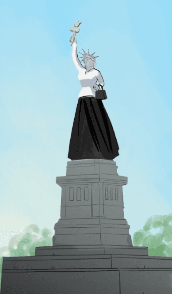 Comic panel illustrate the transition of the Statue of Liberty being dressed in a Dior-style outfit