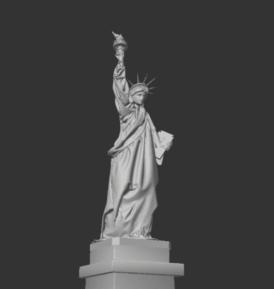 A grayscale 3D model shows the traditional Statue of Liberty holding her tablet