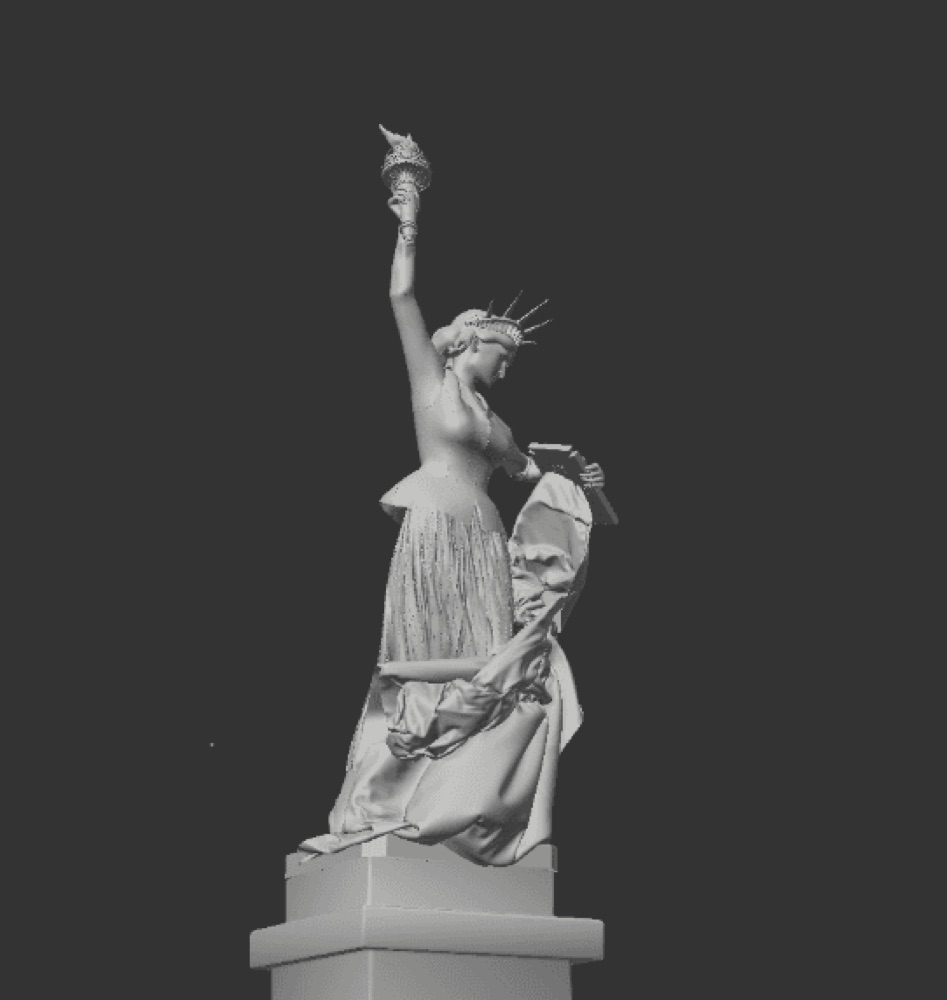A 3D render depicts the statue's robes being replaced by a modern skirt and blazer