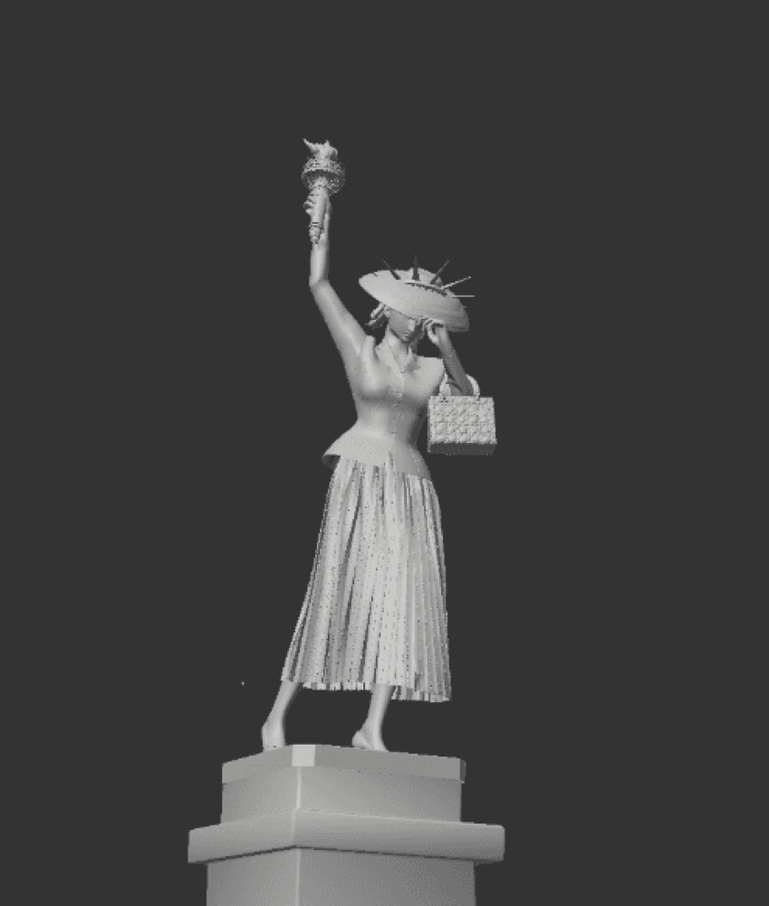 A grayscale 3D model shows the statue wearing a straw hat, blazer, pleated skirt, and holding a purse
