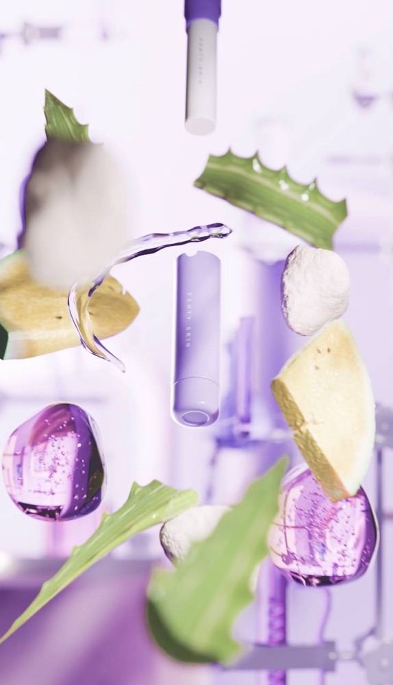 he product tube is surrounded by floating aloe leaves, water splashes, and botanical elements