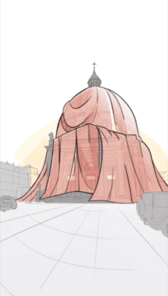 A wide storyboard view depicts the pink fabric completely enveloping the building's facade down to the ground
