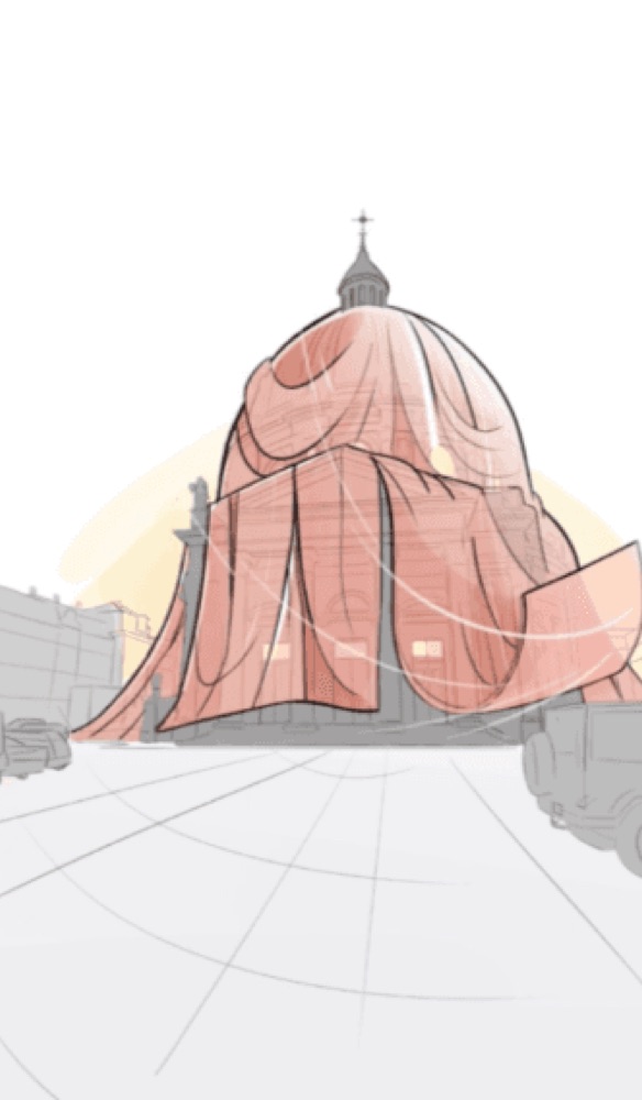 The sketch illustrates fine white line-work representing the structural folds and tension of the draped cloth