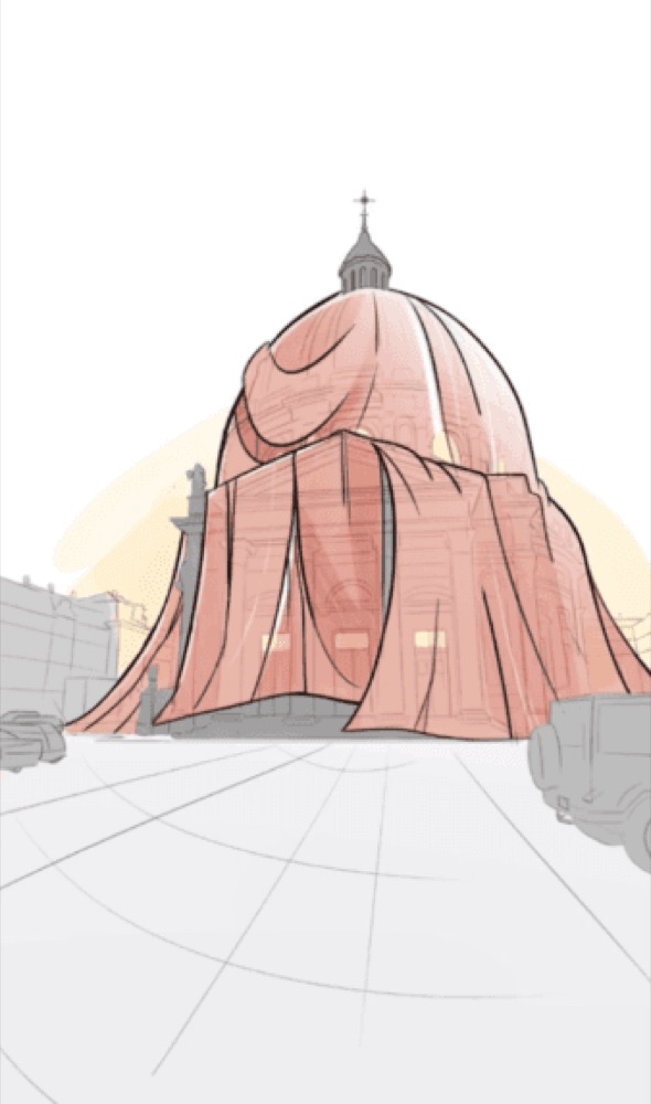 A final storyboard frame shows the fully covered building with subtle highlights where the windows glow through the fabric