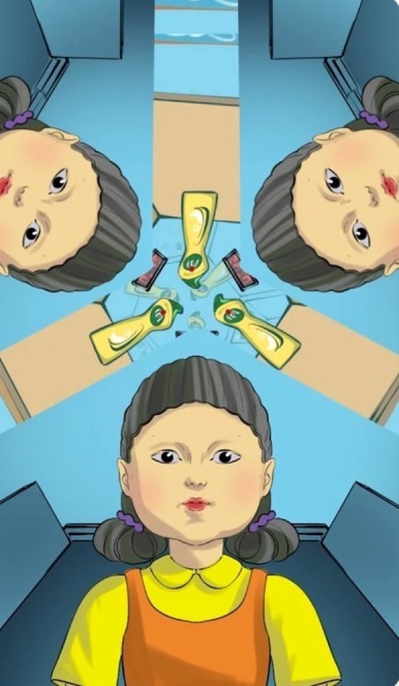 Comic panels showing three Squid Game dolls