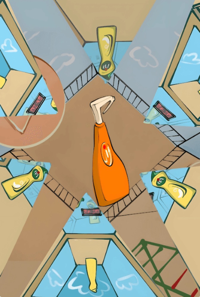 Comic panels showing floating Jif cleaning spray bottles in surreal sets