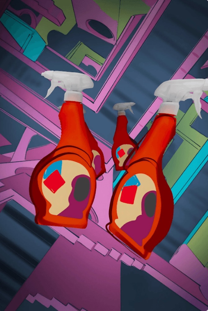 Comic panels showing floating Jif cleaning spray bottles in Squid game sets