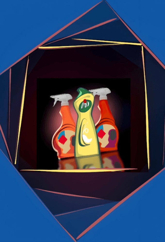 Comic panels showing Jif cleaning spray bottles in various colors