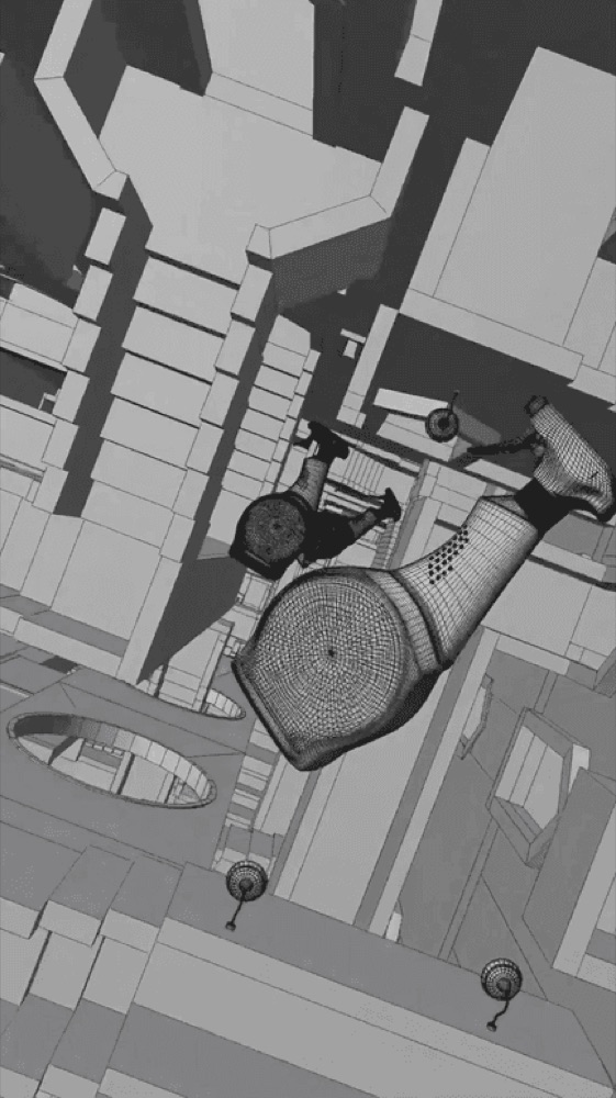 A grayscale wireframe 3D model shows cleaning spray bottles placed within a complex stairwell