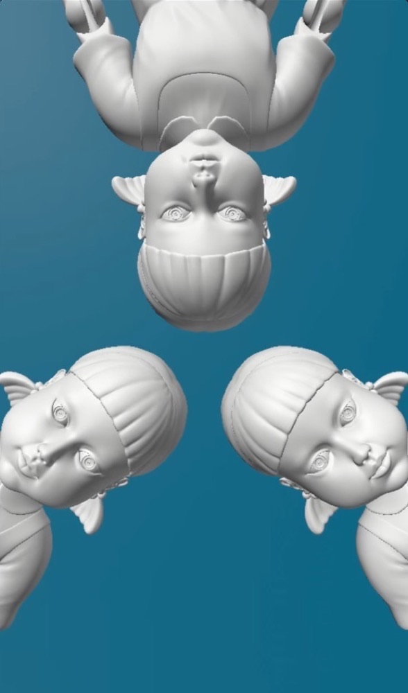 Three white 3D-rendered doll heads look down toward the center against a solid teal background