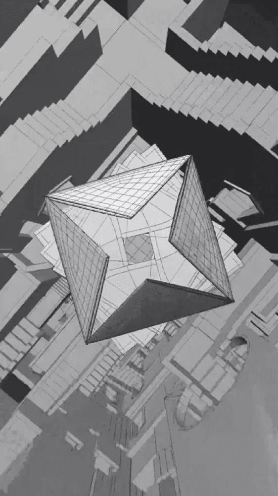A technical 3D wireframe of a geometric star shape sits above a complex architectural environment