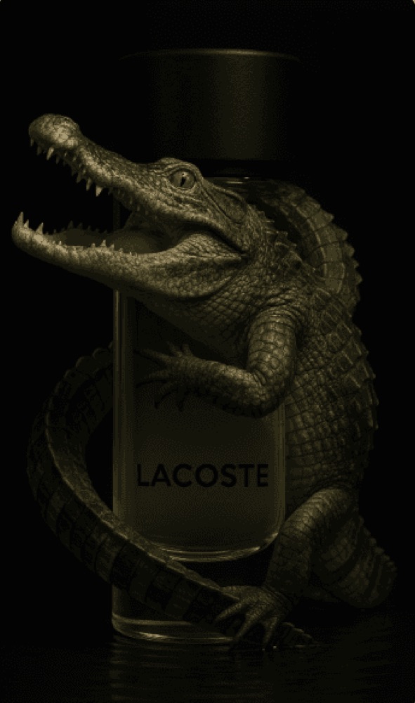 Comic-style panel features realistic crocodiles interacting with Lacoste bottles