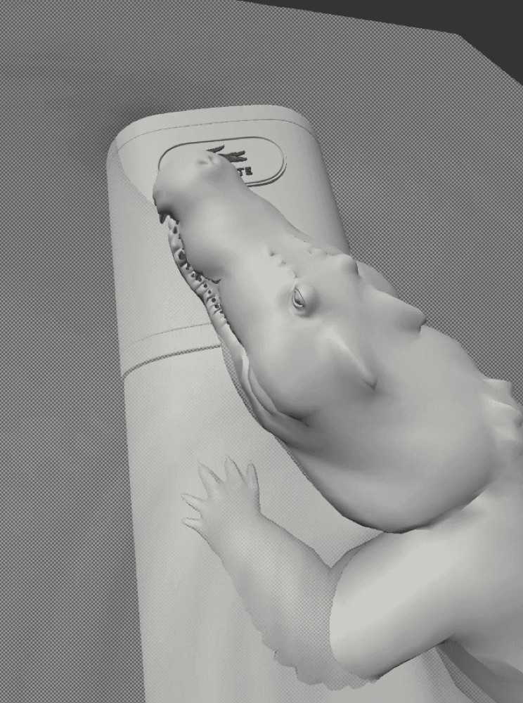 Grayscale 3D renders shows a crocodile model sculpted to grip and wrap around a tall bottle