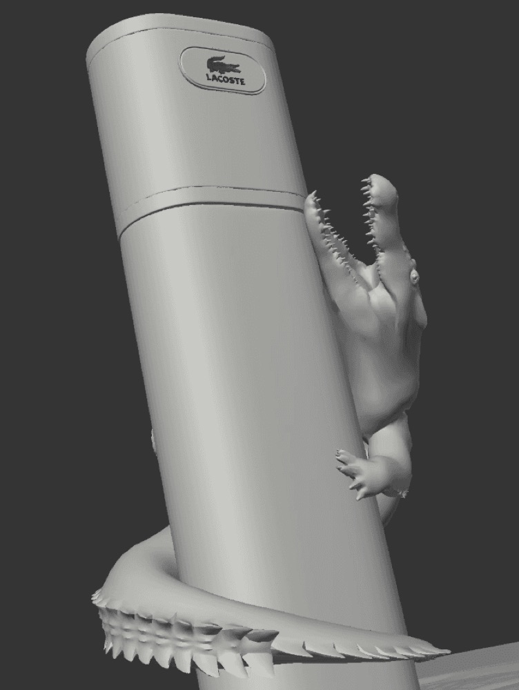 Grayscale 3D renders shows a crocodile model sculpted to grip and wrap around a tall bottle