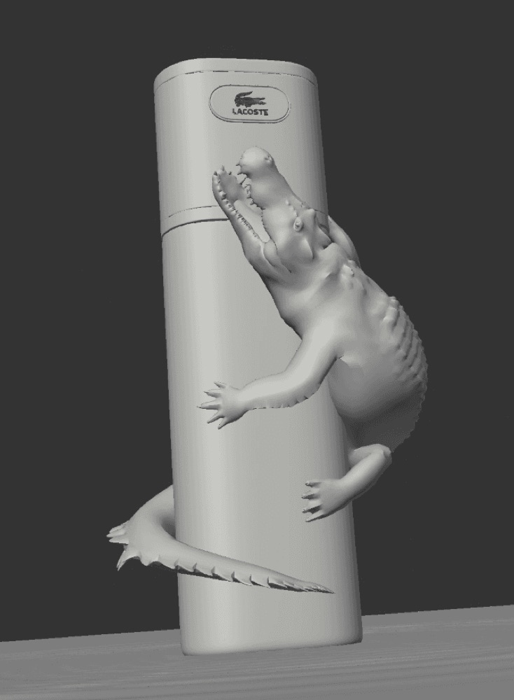 Grayscale 3D renders shows a crocodile model sculpted to grip and wrap around a tall bottle