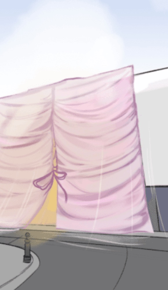 A conceptual sketch of a street corner featuring a storefront draped in large, pink fabric