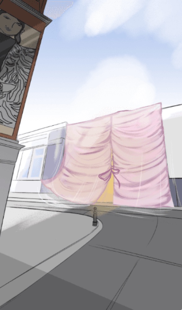 A wide-angle storyboard view showing the draped pink fabric extending along a city block