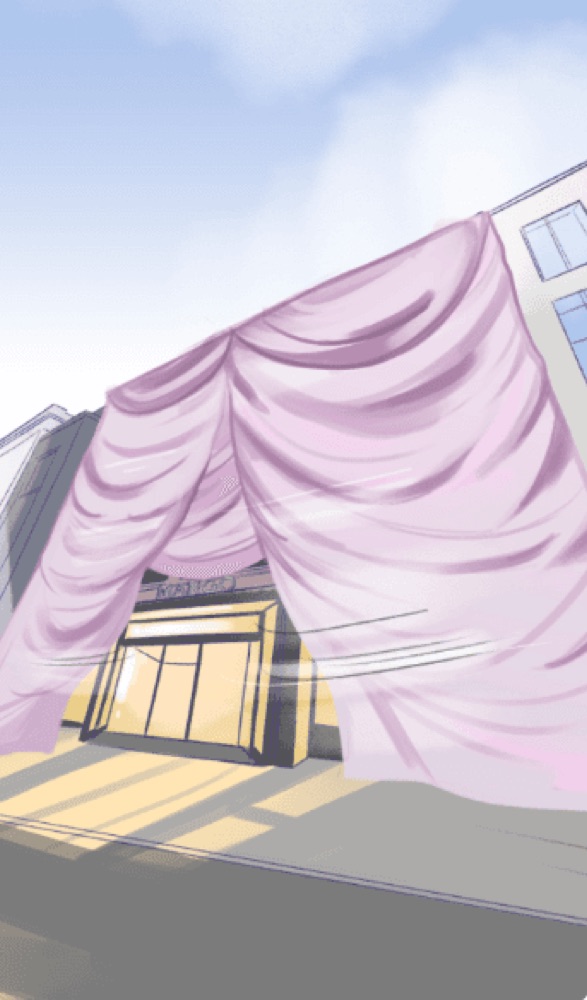 The fabric drapes are parted slightly to reveal a glowing, modern shop entrance underneath