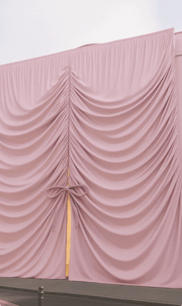 A vertical storyboard panel focusing on the centered gathered fabric and a large pink bow
