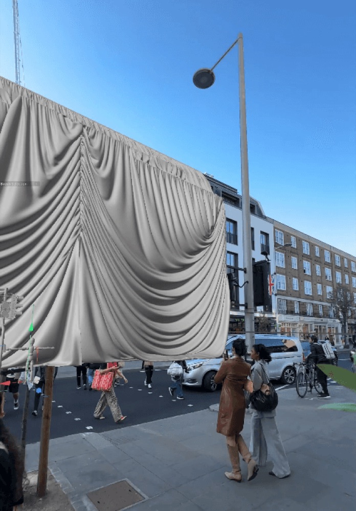 A mixed-reality mockup shows massive gray 3D curtains superimposed over a real city street with pedestrians
