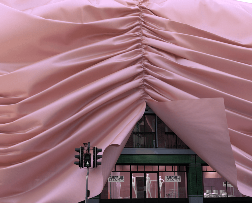 A close-up 3D render highlights the realistic texture and heavy folds of the pink fabric above a shop window
