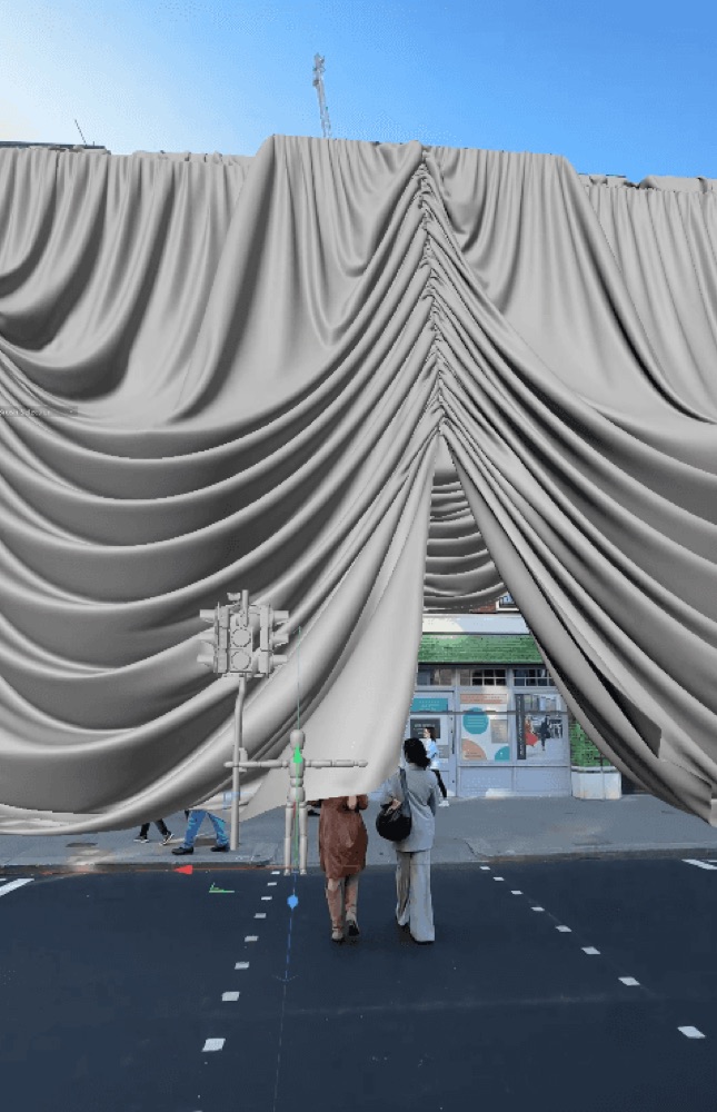 A technical 3D wireframe overlay shows the structural mapping of the curtains onto the real-world environment