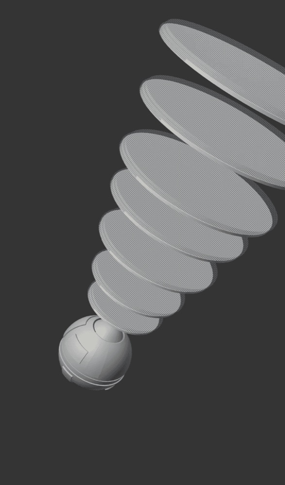 A white 3D model of a sphere connected to a stack of discs, resembling a futuristic antenna or spine