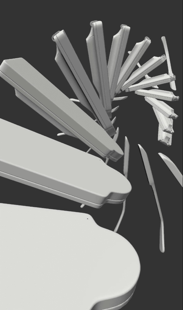 A grayscale 3D render showing a spiral of rectangular blocks, suggesting motion or a structural collapse