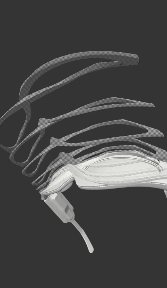 A detailed 3D wireframe model of fluid, layered eyewear frames being designed in a digital space