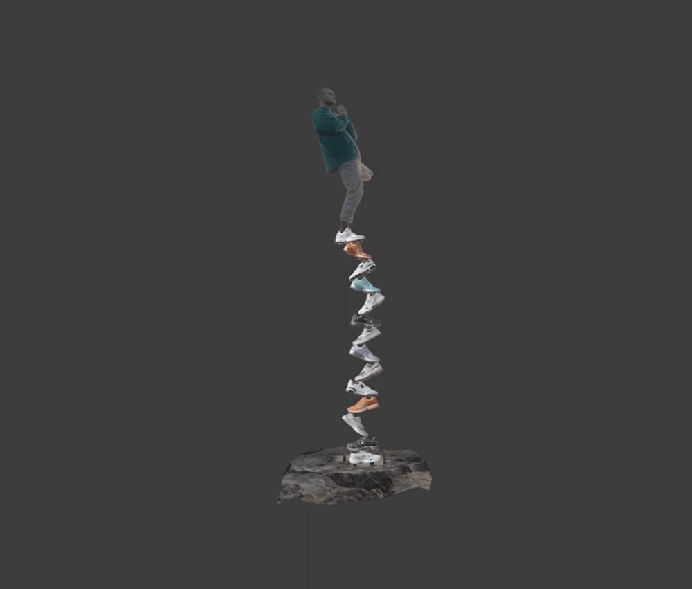 A 3D render shows a man in a green shirt balanced on one leg atop a high stack of colorful sneakers