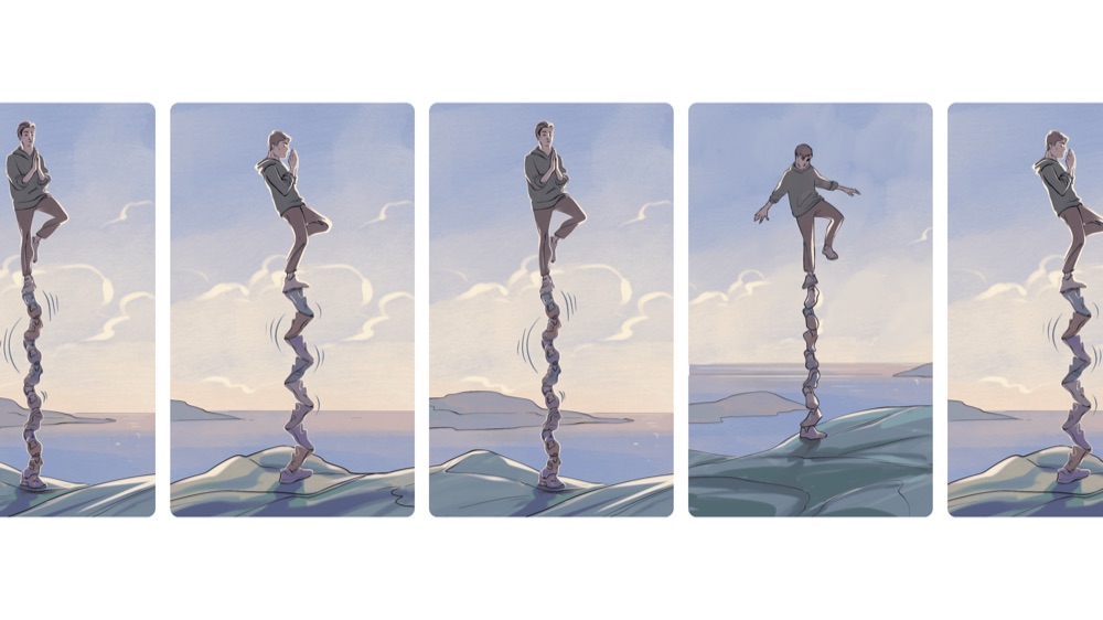 Storyboard of an illustration of a man in a yoga pose balancing on a tall, precarious stack of New Balance shoes, a clever CGI 3D visual.