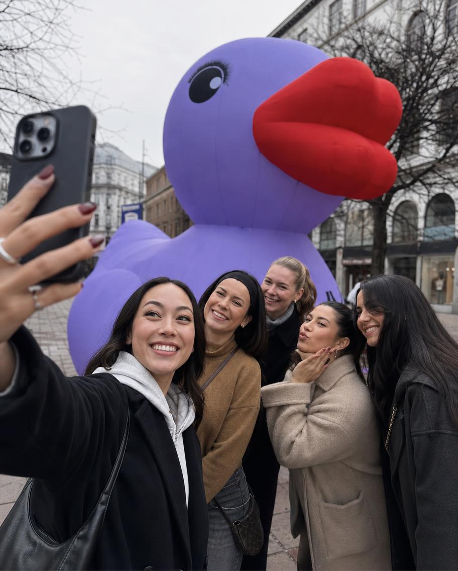 Every selfie carries the logo — free reach, all day.