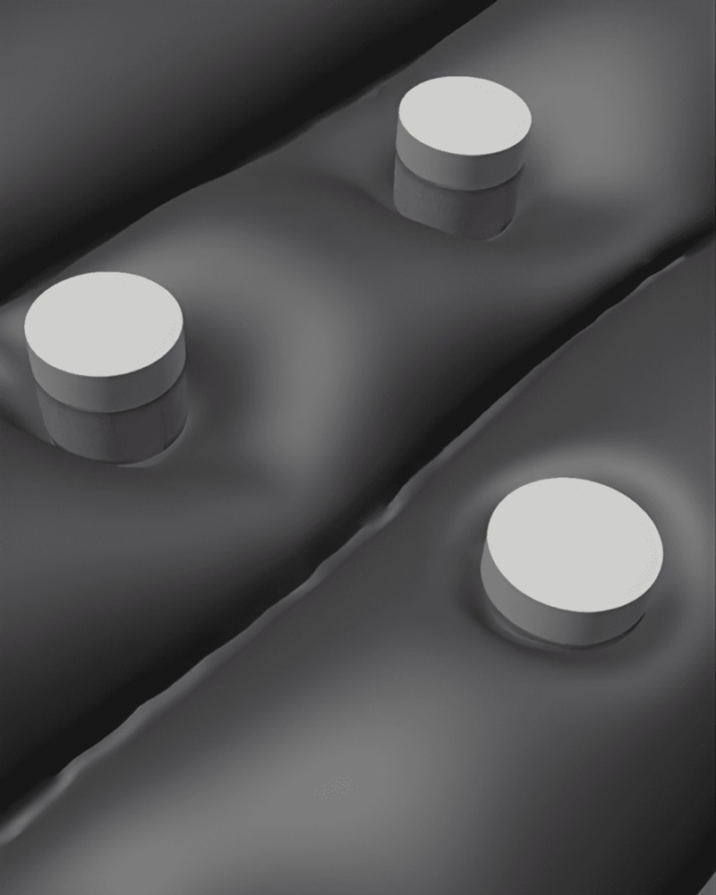 A 3D simulation mockup displays how the product jars interact with the soft-body fabric surfaces