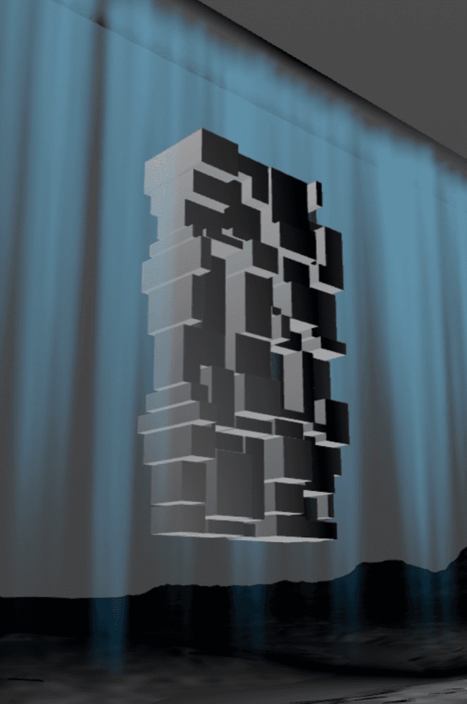 A floating, monolithic structure made of dark geometric blocks is set against a blue, curtain-like backdrop