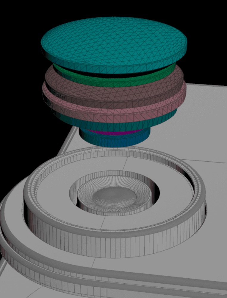 A technical wireframe 3D model details the intricate layers and internal structure of a smartphone camera lens